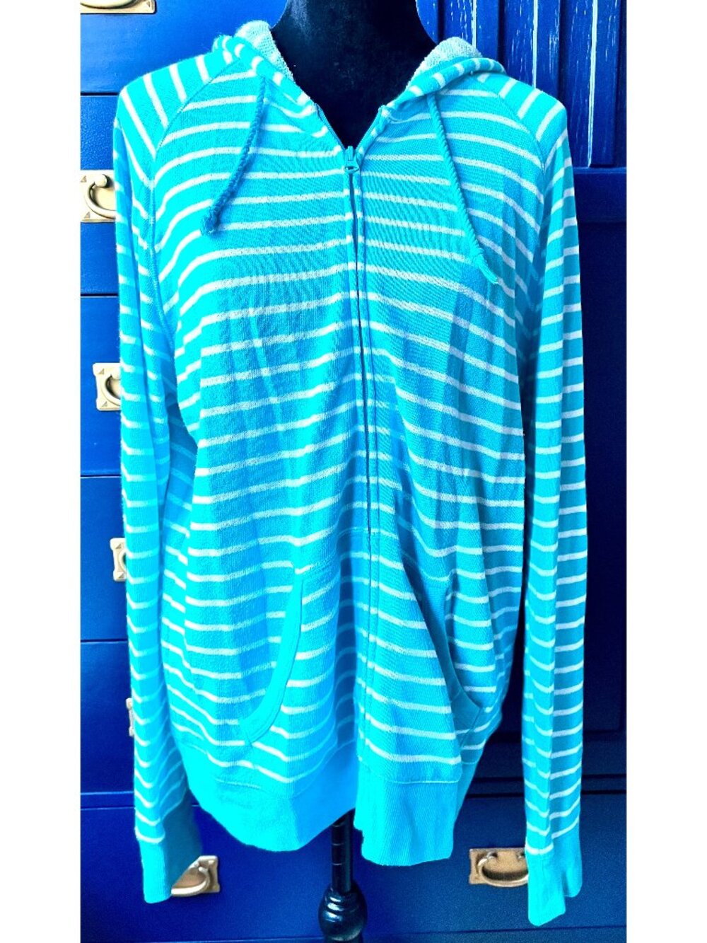 Made for Life Teal Blue & White Striped Zipper Hoodie XL